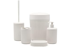 INBAGNO Set bagno accessori completo – 5 pezzi, kit accessori appoggio colorato beige, include dispenser, portaspazzolini, portasapone, scopino wc e pattumiera 4,2 lt, linea Ring