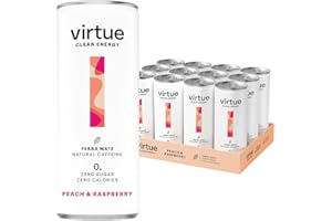 Virtue Yerba Mate - Natural Energy Drink - Sugar Free, Zero Calories, Vegan, Keto Friendly, Gluten Free - 12 x 250ml (Peach & Raspberry)