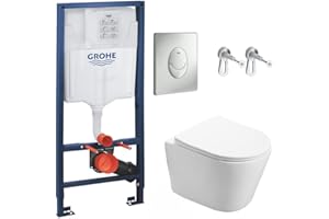SWISS AQUA TECHNOLOGIES WC Suspendu Pack Complet Accessoires - Pack WC Grohe Bâti-support, WC SAT Infinitio sans bride fixation invisible, Plaque chrome mat, Abattant WC,Cuvette Toilette, Chasse d'eau Wc, Mécanisme