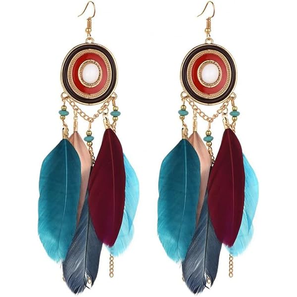 Tomedeks 2 pz Orecchino piume, orecchino retrò accessori piuma forata rotonda ciondolo marrone lunghi orecchini gioielli per le donne