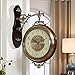 Produktbild OLILEIO amerikanischen Holz Metall Double Wall Clock Watch zwei Europäischen Stil Wohnzimmer Wanduhr Quarzuhr, mehr als 20 Zoll, 15020 Holz Farbe