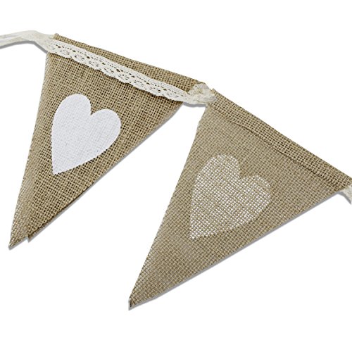 PsmGoods® Weinlese-Herz Jute Sackleinen hessischen Bunting Banner Flag für Hochzeitsfest-Dekoration-weiße Spitze 3m - 8