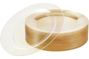 MATANA 25 Platos de Postre de Plástico Duro Transparente con Purpurina Dorados, 19cm - Elegantes, Resistentes y Reutilizables - Platos Pequeños para Bodas, Cumpleaños, Barbacoas, Fiestas