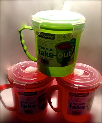 Microwave Take-Out Soup Mug - Pack of 3 (Red &amp; Green) BPA Free - Microwave Soup Mugs - Soup to Go - Ideal for Soup, stew etc. Great for freezing soups etc