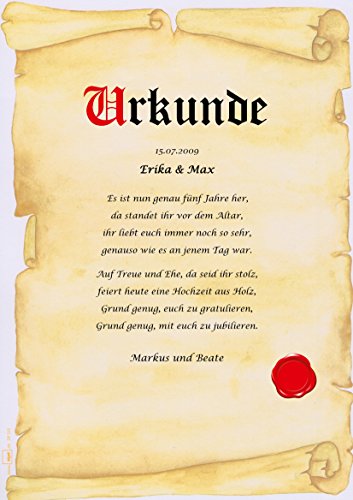 Hölzerne Hochzeit Urkunde persönliche Geschenk Karte zum 5. Hochzeitstag Pergament div. A4 Papier Motive - 3