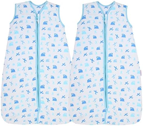 Snoozebag Twin Pack Planes &amp; Trains 100% Cotton 2.5 Tog Boys Nursery Baby Sleeping Bag Blue 0-6 Months (76cm) 2 pack
