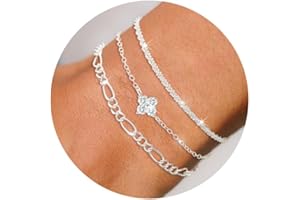 Diorra 3 Stück Armband Damen Silber, 925 Sterling Silber Armband Set Verstellbare Stapelbare Figaro Perlen Ketten Armbänder Schmuck Geschenke für Frauen