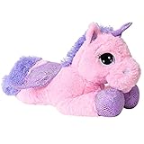 Peluche animal caballo unicornio en el brillo de color rosa con elementos decorativos como el cuerno de color púrpura en el gran diseño en un formato práctico para llevar