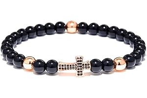 ADGJL Bracelet Femme Pierre Naturelle, 7 Chakra Perles Pierre Naturelle Obsidienne Bracelet en Or Rose Croix Bijoux Élastique Yoga Énergie Noir Prier Bracelets Charme Diffuseur Femmes Hommes Cadeau