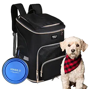 Dog Cat Carrier Backpack Airline Approved Durable Soft-Sided Pet Carrier Backpack Foldable with Breathable Mesh Safety Straps and Cushion Back Support for Hiking Camping and Outdoor, Black