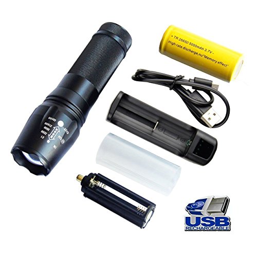 SUNSPEED Wiederaufladbare LED Taschenlampe/5 Modus Regulierbar/500 Lumen /IP65 Wasserdicht/ 26650 aufladbare Batterie + Ladegerät+3 AAA Akku-Halter - 7