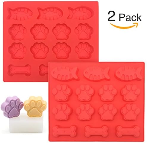 2-Pack 14-cavity Mixed Food Grade Large Mats Trays, Dog Pets Paws Fish and Bones Silicone Baking Molds, Bake for Kids, Dog-lovers, Kitchen Tips Red