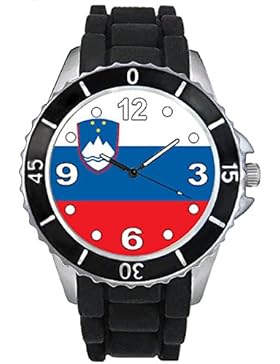 Timest - Slowenien Länder Flaggen Uhr Unisex Erwachsene mit schwarzem Silikonarmband Rund Analog Quarz SE0528