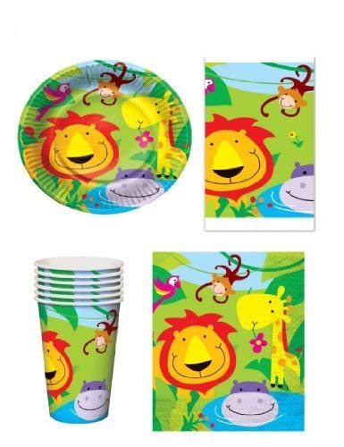 Set de fiesta para 16 comensales infantiles con diseño de animales de la jungla, incluye 16 vasos, 16 platos, 16 servilletas y 1 mantel