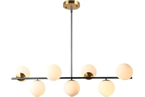 KCO Lighting Lampadario a Sfera da Cucina nero con 7 Sfere di Vetro Bianco, Lampadario Moderno a Sfera Bianca in Oro per Sala da Pranzo, Lampadario a Sospensione Lineare in Metallo per Isola Cucina