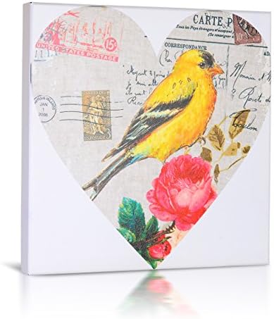 Stunning Bird Art, Lithograph Style Canvas Art Features Vintage Heart Shaped Post Card for Baby Nursery, Modern Artsy Kids Rooms, Home Décor, Wall Art, Great Gift 16 X 16 By Green Frog Baby