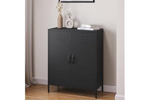 skølm Atria Metall Kommode – Sideboard in Schwarz – Metallschrank mit 3 Fächern & Doppeltüren – Mehrzweckschrank mit flexiblen Einlegeböden – Industrial Highboard – Aufbewahrungsschrank/Flurschrank