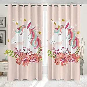 JANVI CREATION 3D Pink Unicorn Digital Printed Polyster Fabric Designer Classic Curtains for Bed Room Kids Room Window-Door-Long Door for Boys/Girls (Window / 5 Feet, Pink Unicorn)