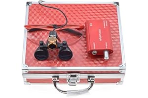 BoNew 3.5X Surgical Binocular Loupes Optical Glass+5W LED Headlight Powerfullight with Filter Clip-on Type + Aluminum Box (Red)