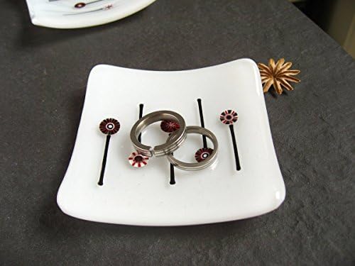 Square white fused glass ring, candle holder, dish. Modern design red and black millefiori 'thousand flowers' on black stems, bright design great for bedroom, bathroom, kitchen or office. DH240. Candle and rings not included