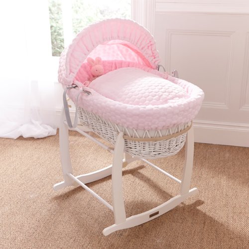 Clair de Lune Marshmallow White Wicker Moses Basket, Pink