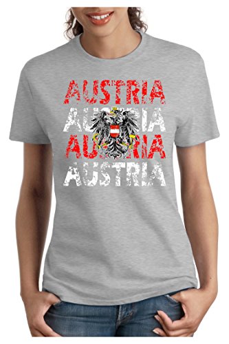 OM3 – AUSTRIA – Damen T-Shirt tailliert – ÖSTERREICH EM 2016 FRANKREICH FRANCE FUSSBALL FANSHIRT SOCCER SPORT TRIKOT EUROPAMEISTER, M, grau meliert