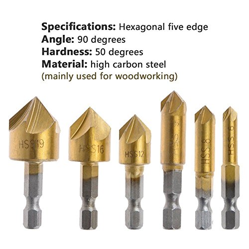 Raysen 6 Stk. 1/4 “ Sechskant Schaft HSS 5 Flöte Senkbohrer Set 90 Grad für Holz Schnellwechsel Bit 6mm-19mm - 5