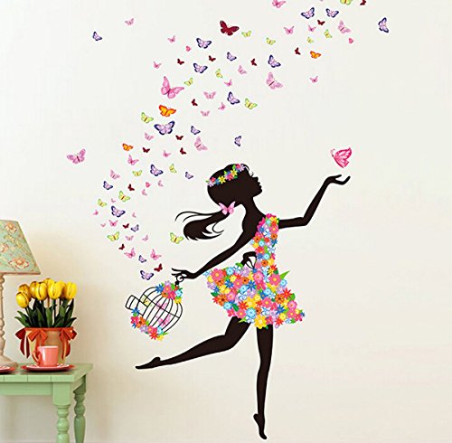 hqclothingbox Living Room Bedroom Decoration Butterfly Wall Stickers Magic Fairy Bright Flower Heart-Shaped Garland Pink Dress Maid Wall Sticker For Girls' Room Decoration by Hqclothingbox