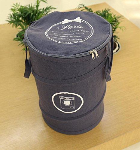 FuXing Faltbar Wäschekorb Polyester Baumwolle Runden Kleidung Wäschekorb Tasche Pop-up Wäschebox Wäschesäcke Wäschekörbe Wäschesammler Wäschetruhe Wäschesack Aufbewahrungsbehälter 13.8 * 19.7 Zoll (Grau) - 3