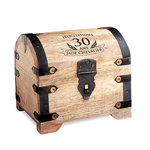 Casa Vivente - Coffre au trésor avec Gravure -Bois - Cadeau d'anniversaire 30 Ans - Personnalisé avec Un [NOM] au Choix - Boîte à Bijoux - Tirelire - Cadeau d'argent - Homme - Femme