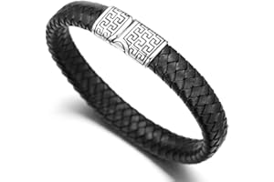 HALUKAKAH ● Solo ● Men's Genuine Black/Brown Leather Bracelet Greek Key Titanium Clasp with Magnets 8.46"(21.5cm) - with Giftbox