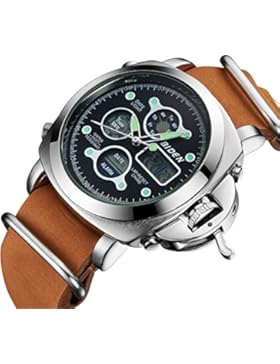 Uhren Herren Analode Digital Quarzuhr LED Sportuhr Wasserdichte Leder Armbanduhr mit Echtem Leder Armband (Schwarzes...