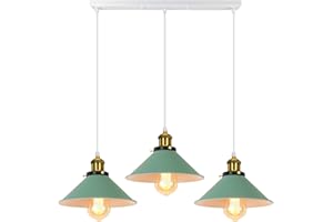 PETITES ECREVISSES Lámpara colgante Industrial Vintage 3 Luces Lámpara de Techo E27 Diseño Pantalla Metal 220mm Iluminación Colgante Verde para Comedor Cocina Dormitorio (con barra de 50 cm)
