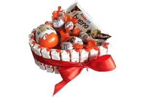 DESAYUNOS A LA CARTA Tartas Kinder: Cesta de chocolate perfecta para regalar en Navidad, San Valentín y cumpleaños con Kinder Bueno, Schoko Bons, Ferrero y flores preservadas (Corazón medium)