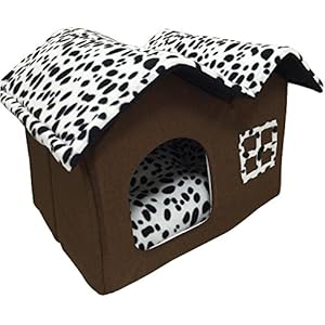 Luxus Schwarz und weiß-Spots Doppeldach Hundehaus Haustierhaus Hundehütte Katzenbett mit Hundematte Samt Polyester 50x40x35 CM