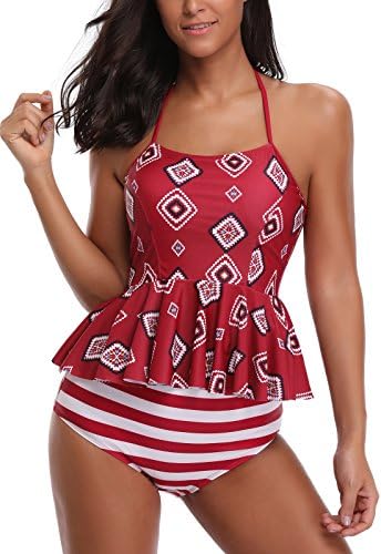 AYEABUY Women's Plus Size Floral Halter Tankini Set with Boyshort Two Piece Swimsuit (UK (10-12), RedKS)