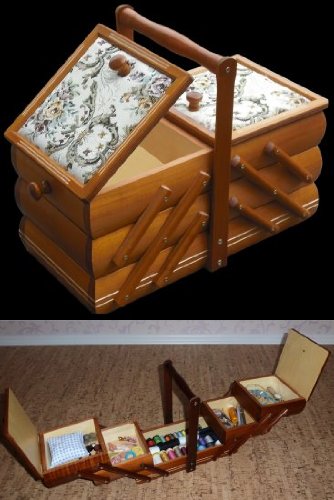 Nähkästchen Landhaus Nähkorb Nähkasten Holz mit Nadelkissen Nähbox Schmuckkästchen Holz Lasur – ausziehbare Holzschatulle mit Gobelin – Holz Box – Aufbewahrungskiste - 3