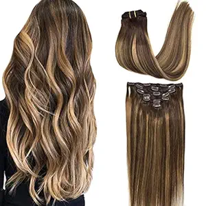 Googoo Clip in Human Hair Extensions Remy Ombre Chocolate Brown to Honey Blonde Balayage Hair Extensions Clip in Straight Real Hair Extensions Double Weft 7pcs 120g 18inch