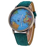 Sanwood Damen Weltkarte Zifferblatt Denim Stoff Gurt Armbanduhr Grün