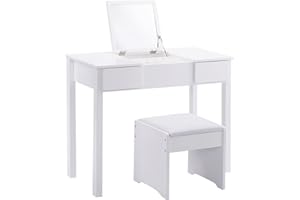 COSTWAY Tocador con Taburete y Espejo Plegable Tocador Maquillaje Mesa Cosmética con 2 Cajones (Blanco)