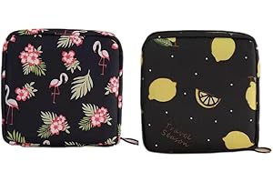HuaDmaing 2 Pcs Sanitary Pad Storage Bag,Sanitary Towel Holder Portable Pantyliners Bag with Zipper Portable Pantyliners Bag for Women Teen Girls Ladies (Black(Flamingo&Lemon))