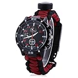 Wooboo Herren Damen Notfall-Armbanduhr, mit Paracord, Kompass, Pfeife, Anzünder, analog, Überlebensausrüstung, wasserfest, verstellbar, schwarz / rot