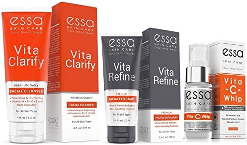 ESSA Premium Organic Skin Care - One 4oz Tube VitaClarify Facial Cleanser, One 3.4oz Tube VitaRefine Facial Exfoliant and One 1oz Tube Vita-C-Whip Serum Moisturizer