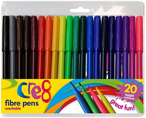 Pack of 20 Assorted Colour Fibre Pens, Felt Tips.