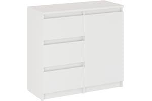 ‎KOMTO KOMTO Kommode mit 3 Schubladen und Türen – Komodenschrank Weiß für Schlafzimmer, Wohnzimmer oder Flur|Sideboard PIKO 80,4 x 35 x 74,5 cm