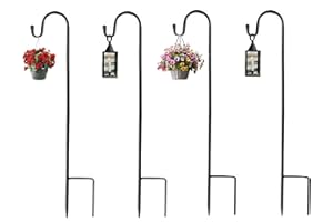 Alytimes Shepherd's Crooks, Height Adjustable Festoon Pole, 80.5 CM/31.6 in Garden Lantern Shepherd's Hook with Base for Hanging Basket Stand, Patio, 4 Sections Stitched (Black) (4)
