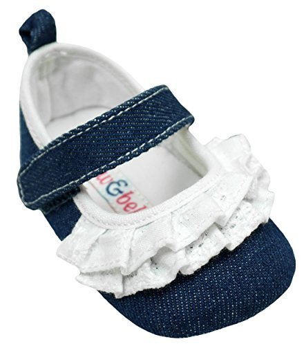 Girls Baby Denim Blue Lace Trim Velcro Pram Shoes Pumps sizes from Newborn to 12 Months