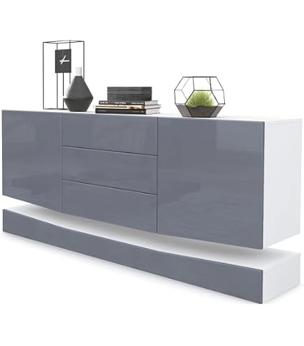 Buffet Moderne Flow Avec éclairage LED - Blanc Haute Brillance, 177 X 75 X 39 Cm, 4 Tiroirs, 2 Portes à Ouverture Par Pression