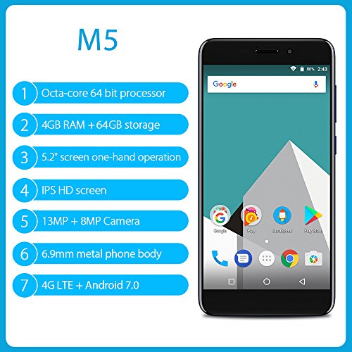 Vernee M5 4G FDD-LTE Smartphone 5.2 Zoll HD, Android 7.0 [4GB RAM+64GB ROM] Octa-Core, 13.0MP + 8.0MP Kamera 3300mAh Akku Fingerabdruckscanner, Band 20 Dual SIM Ohne Vertrag Handy