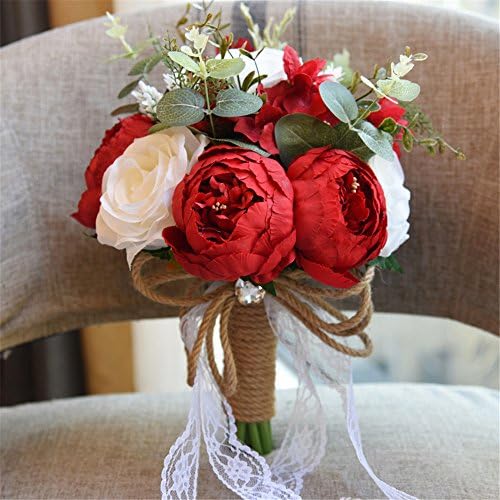 Quibine Artificial Mutiple Silky Flowers Wedding Bridal Bouquet for Bride Bridesmaid D520 Red